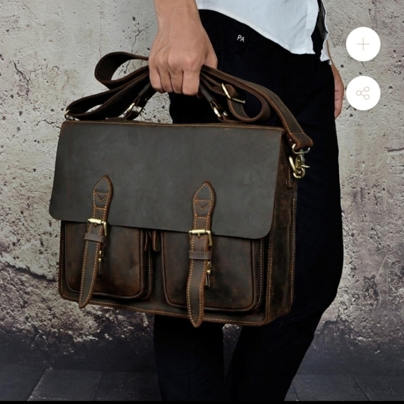 Retro handmade leather briefcase Messenger bag with multiple pockets